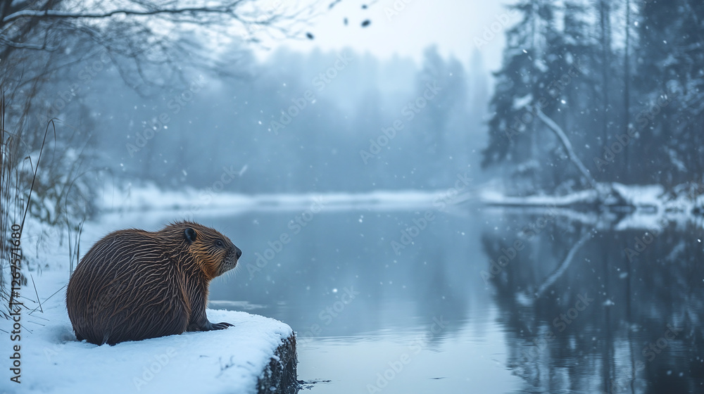 Obraz premium A beaver is sitting next to a river on a snowy winter day.