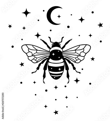 Mystical black and white vector illustration of a bee with outstretched wings, filled with stars, flying under a crescent moon. Perfect for tattoos, prints, spiritual art, and cosmic-themed designs.