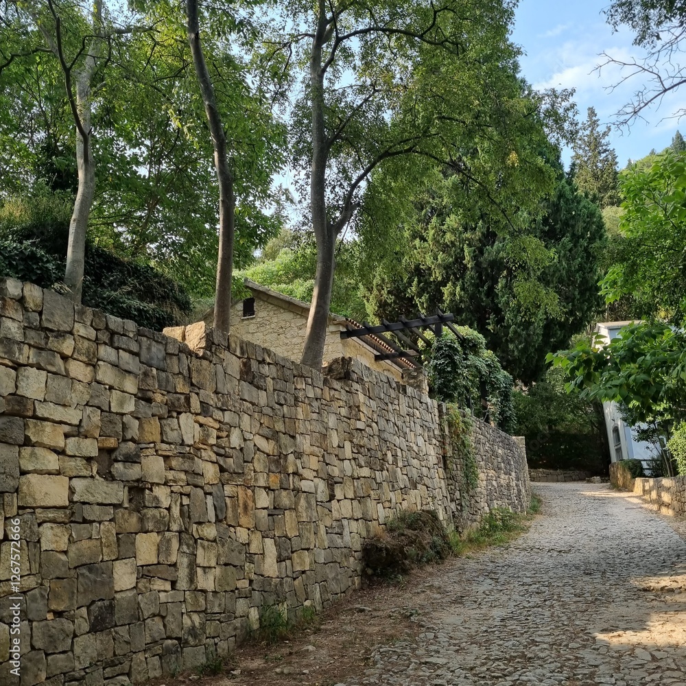 Stone wall bordering a cobblestone path leading through lush greenery with glimpses of buildings and trees. Peaceful, European village scene. Ideal for travel, architecture, or background use. Stone wall bordering a cobblestone path leading through lush greenery with glimpses of buildings and trees. Peaceful, European village scene. Ideal for travel, architecture, or background use.