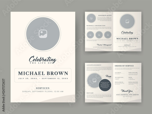 Funeral  Template for Memorial Program. Minimalist Bifold Brochure Design Layout.