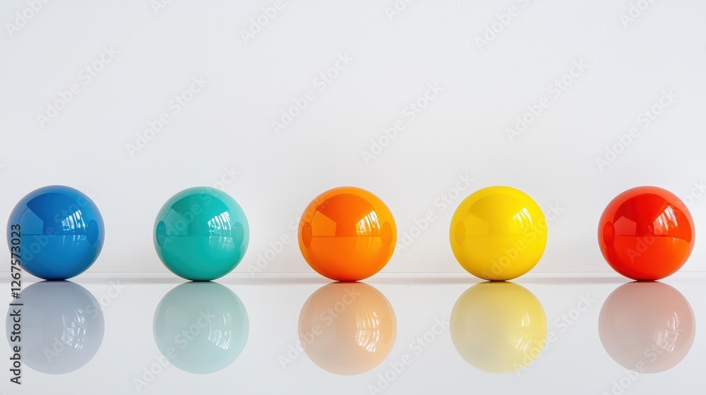 Five colorful spheres are arranged in a line, reflecting light on a smooth surface against a minimalist backdrop. Five colorful spheres are arranged in a line, reflecting light on a smooth surface against a minimalist backdrop.