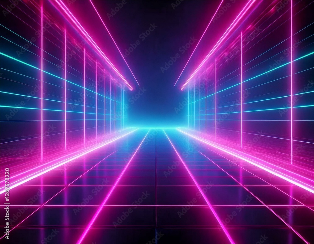 Futuristic Neon Grid Cyberpunk Corridor, 80s Retro Sci-Fi Vibe. Futuristic Neon Grid Cyberpunk Corridor, 80s Retro Sci-Fi Vibe.