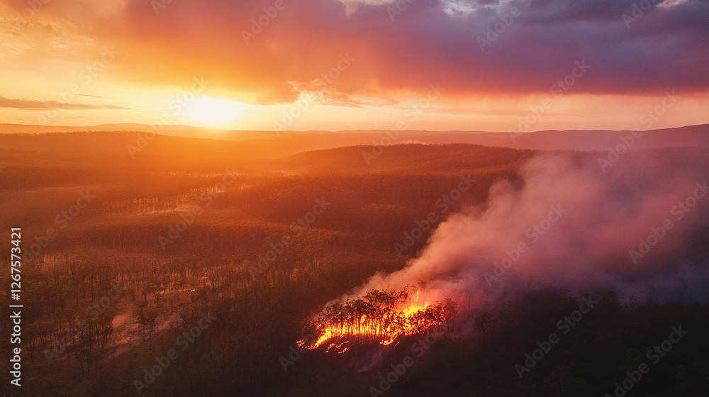Fototapeta premium Aerial drone view of a dramatic forest fire.