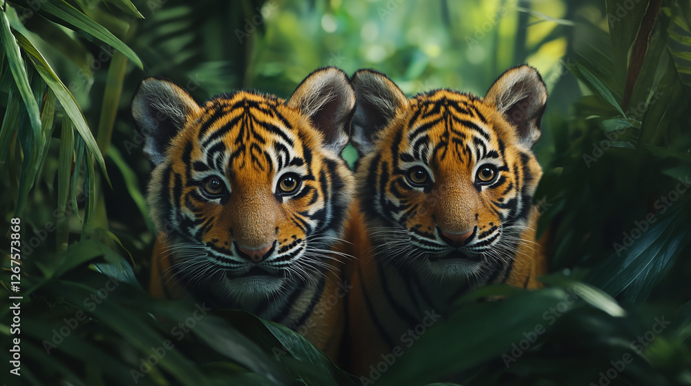Obraz premium Closeup of two cute tiger cubs in a tropical jungle.