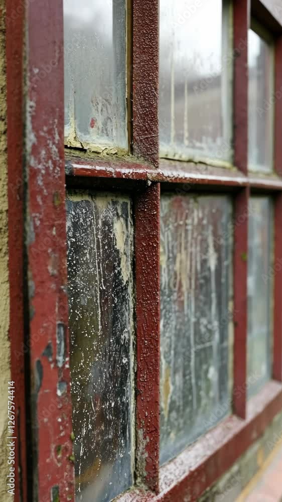 Weathered window frame with peeling paint and old glass in a rustic setting Weathered window frame with peeling paint and old glass in a rustic setting