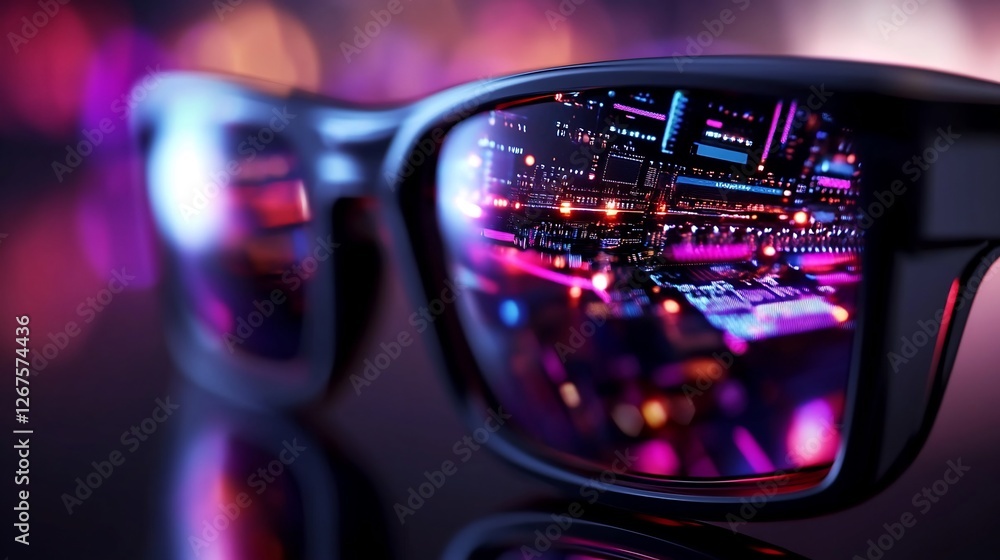 Augmented reality glasses reflecting a digital city skyline in vivid colors Augmented reality glasses reflecting a digital city skyline in vivid colors