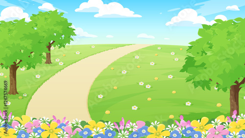 春の花が咲いた芝生の公園の風景イラスト_16:9