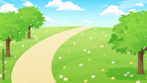 花が咲いている草原の風景イラスト_16:9