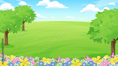 春の花が咲いた芝生の公園の風景イラスト_16:9