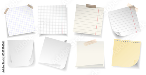 Blank paper notes with different textures, ribbons and curled corners realistic style collection, ideal for presentations, stationery design and educational materials.Vector illustration