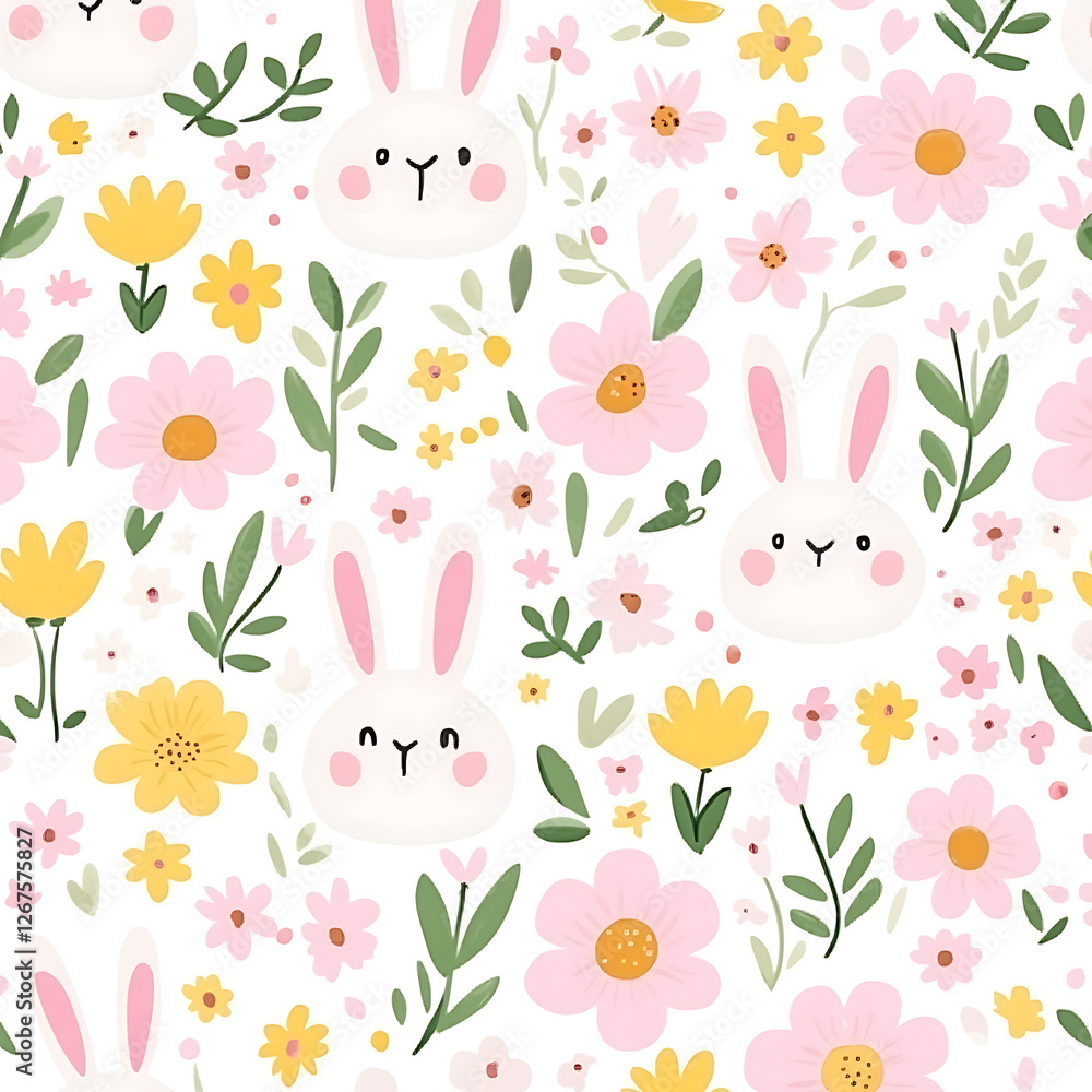 custom made wallpaper toronto digitalCute Bunny and Pastel Floral Pattern Cheerful Springtime Design Celebration Illustration Art