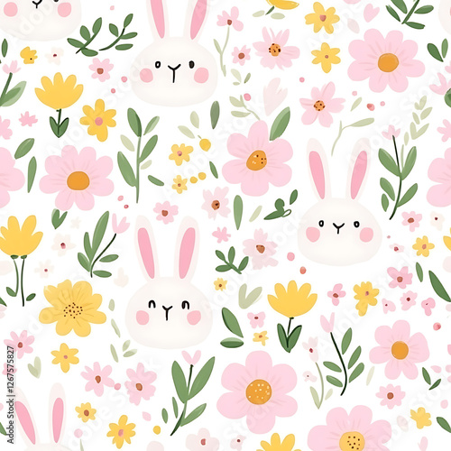 Wallpaper Mural Cute Bunny and Pastel Floral Pattern Cheerful Springtime Design Celebration Illustration Art Torontodigital.ca