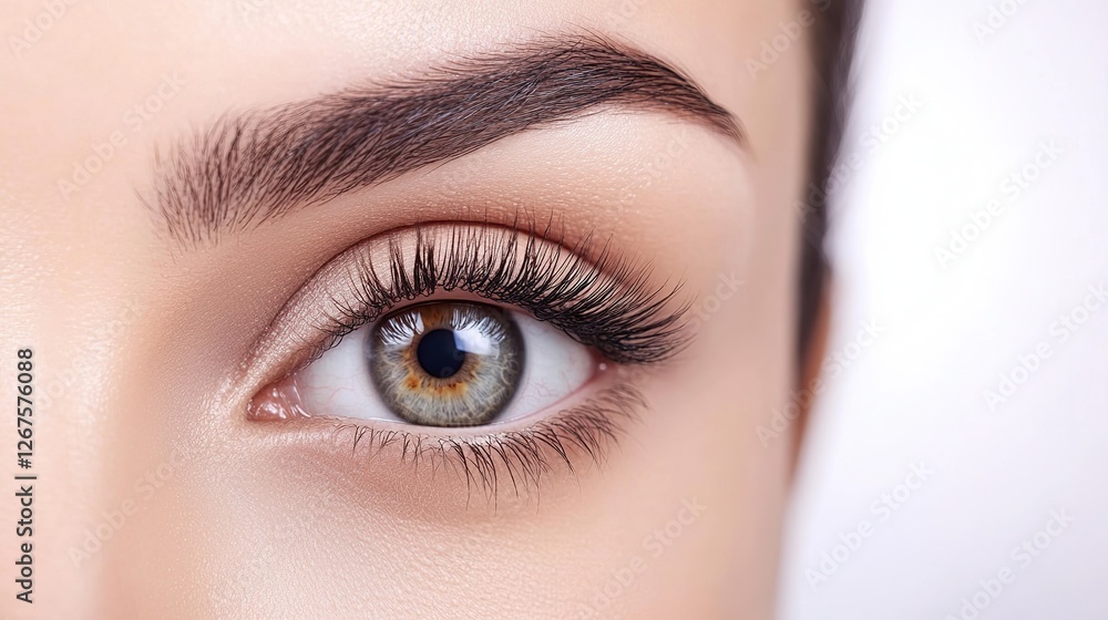 Obraz premium Close-up Portrait of a Female Model’s Eye with Long Eyelashes on White Background, Beauty Salon Spa Treatment, Hairdressing Studio Concept