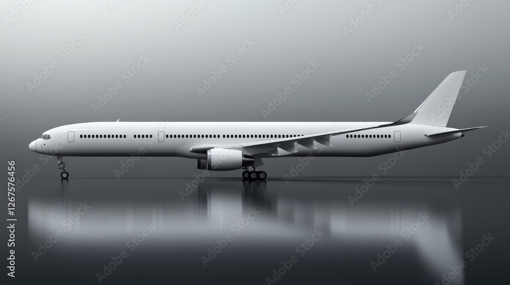 White passenger jet airplane on runway, reflection, travel White passenger jet airplane on runway, reflection, travel