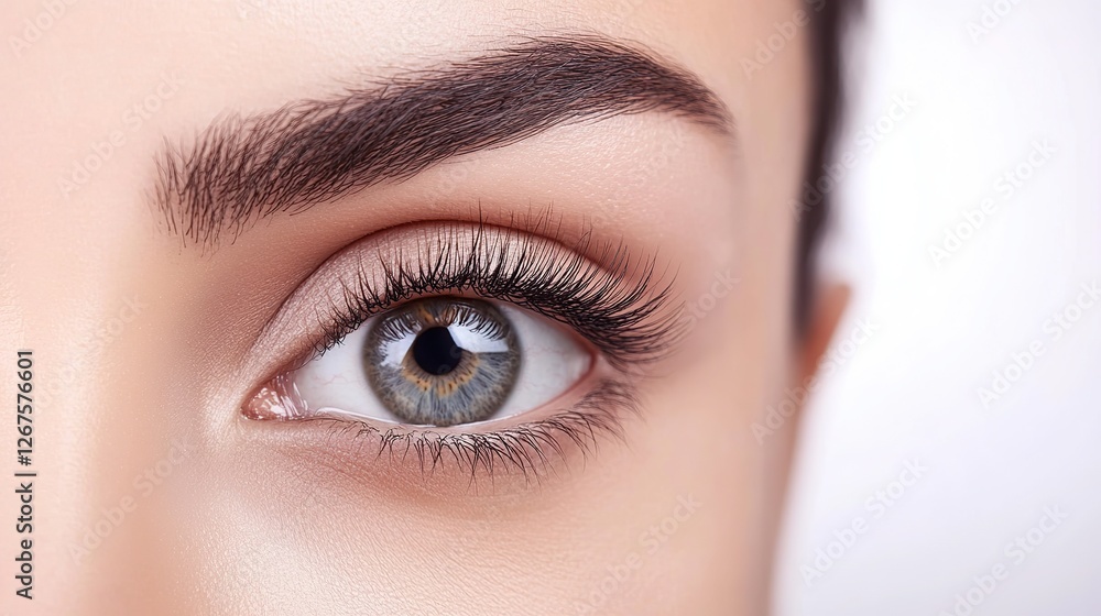Obraz premium Close-up Portrait of a Female Model’s Eye with Long Eyelashes on White Background, Beauty Salon Spa Treatment, Hairdressing Studio Concept
