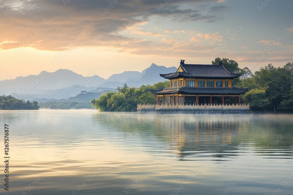 Obraz premium Serenity at a lakeside pavilion during sunrise with mountains in the background