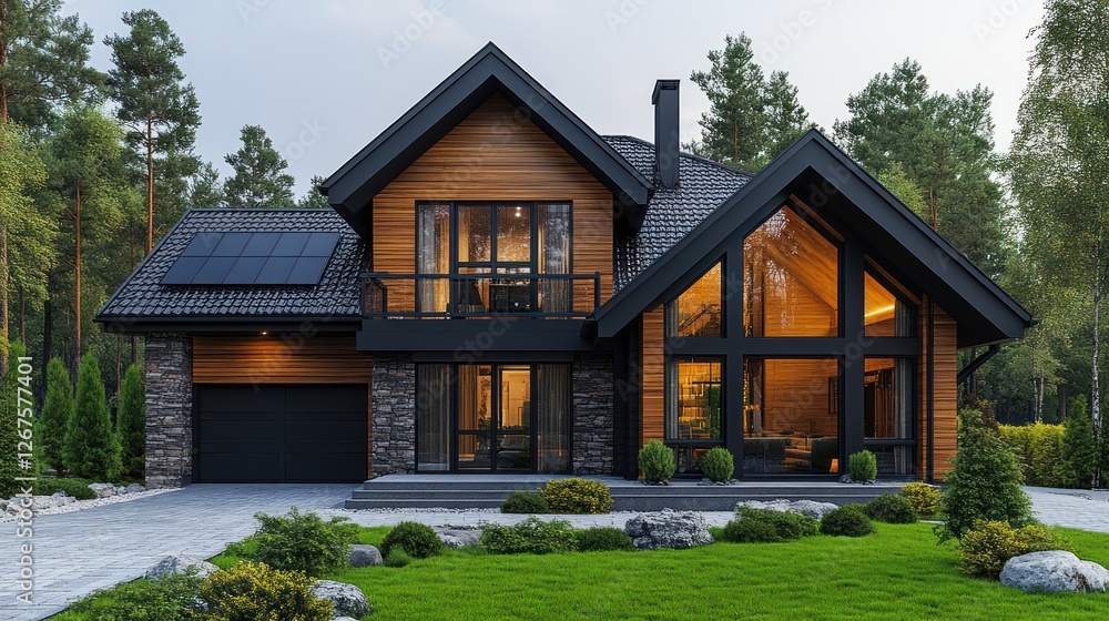 Modern log cabin home exterior in forest setting Modern log cabin home exterior in forest setting