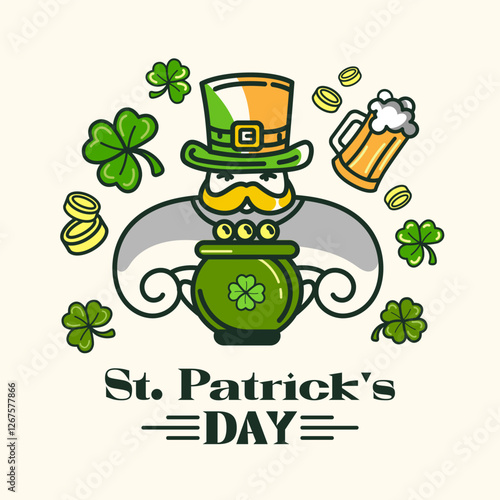 St. Patrick's Day concept illustration with a leprechaun, pot of gold, clovers, coins, beer mug in Minimal Line Art style for emblem, logo, holiday posters, social media,festive decorations.Vector