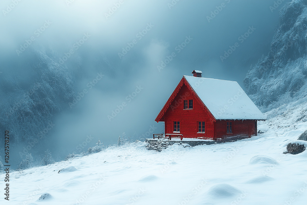 Crimson Cabin Amidst Winter's Gentle Embrace in a Snowy Mountain Vista Crimson Cabin Amidst Winter's Gentle Embrace in a Snowy Mountain Vista