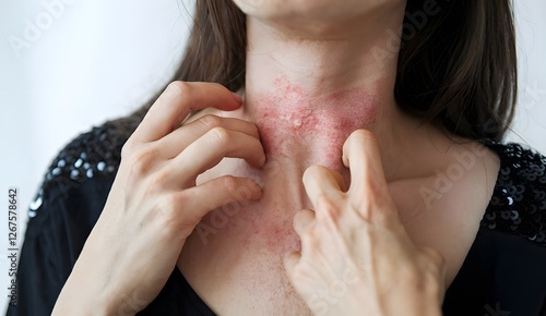 Close-up of a woman with reddish, inflamed skin on her neck and chest, visibly itchy and irritated.