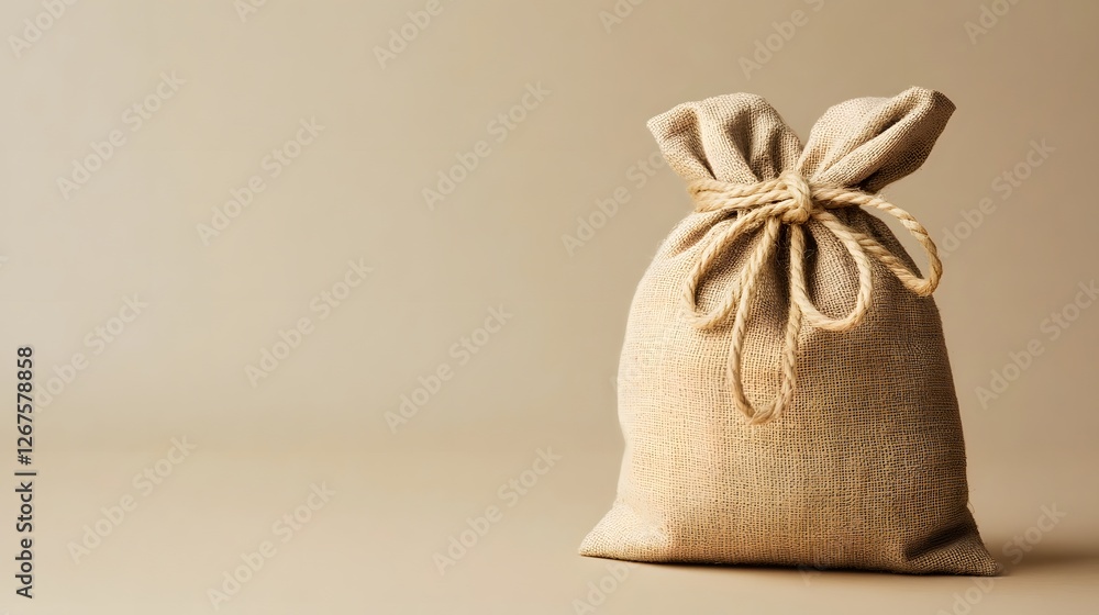 Natural Burlap Bag with Twisted Rope Tie on Beige Background Natural Burlap Bag with Twisted Rope Tie on Beige Background