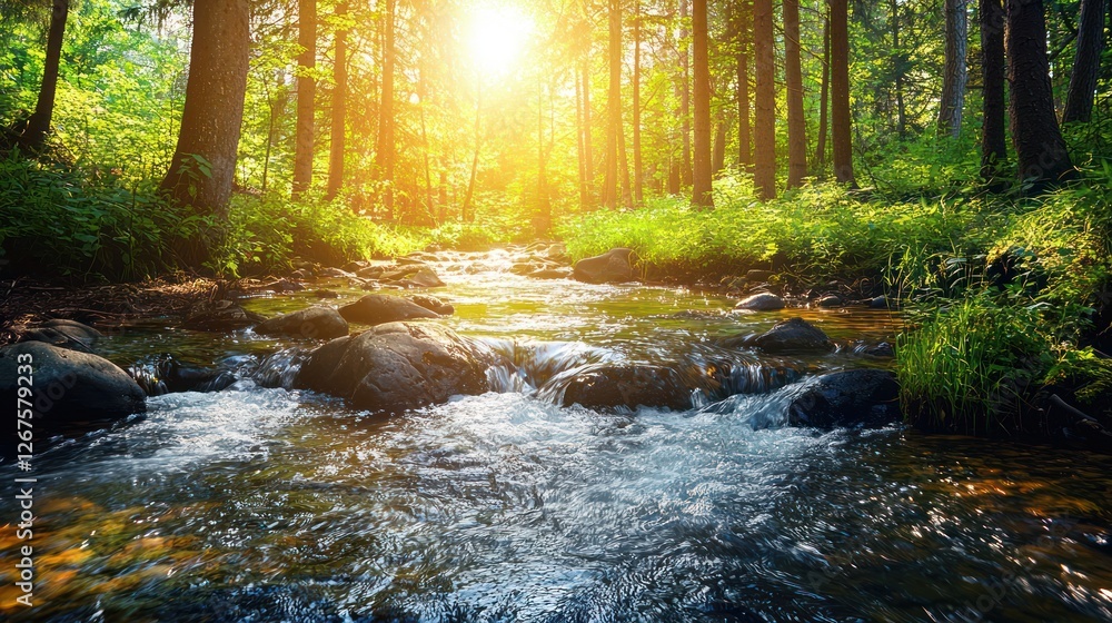 Sunlit stream flows through lush forest; peaceful nature scene, ideal for tranquility themes Sunlit stream flows through lush forest; peaceful nature scene, ideal for tranquility themes