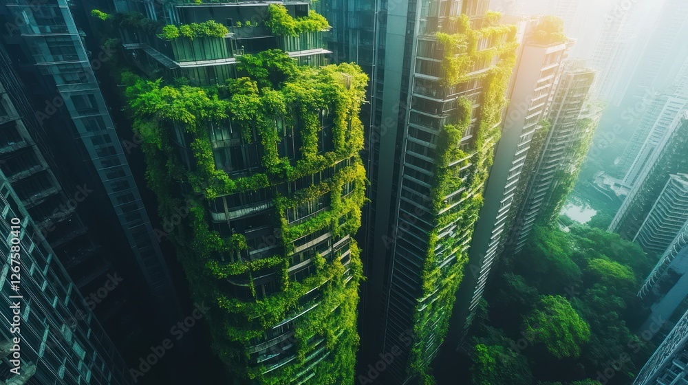 Fototapeta premium Greenery-covered skyscraper in urban jungle; sustainable city concept; aerial view