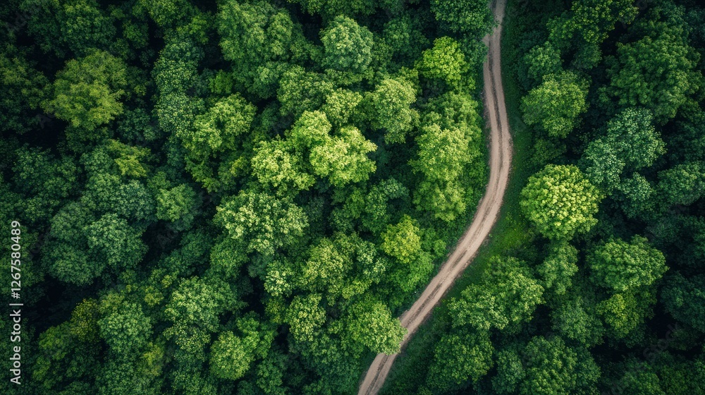 Aerial view of winding road through lush green forest; nature, travel, background Aerial view of winding road through lush green forest; nature, travel, background