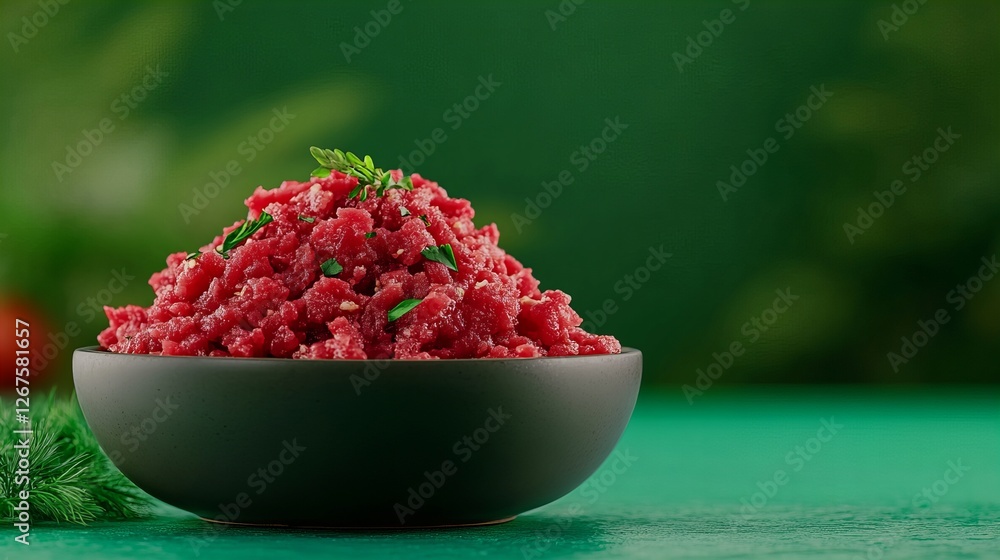 A bowl of fresh ground beef seasoned with herbs sits on a teal surface against a blurred green background. A bowl of fresh ground beef seasoned with herbs sits on a teal surface against a blurred green background.
