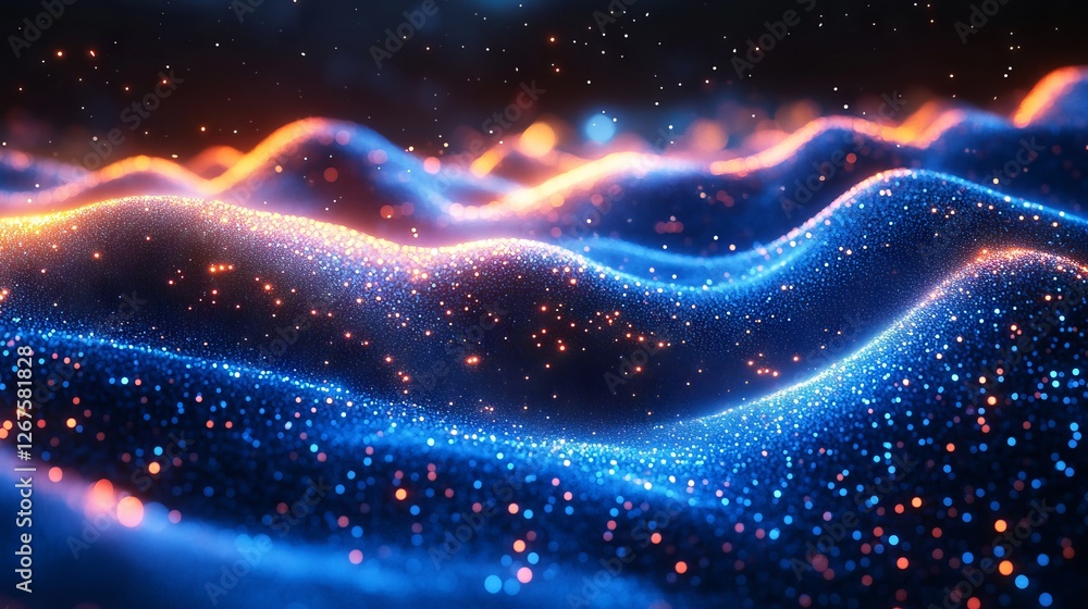 Fototapeta premium Abstract glowing particles forming wavy landscape.