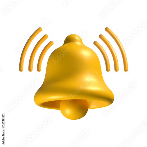 3D yellow ringing bell icon with sound waves, isolated on a white background. Shiny metallic notification bell for alerts, reminders, and sound effects in communication and mobile applications.