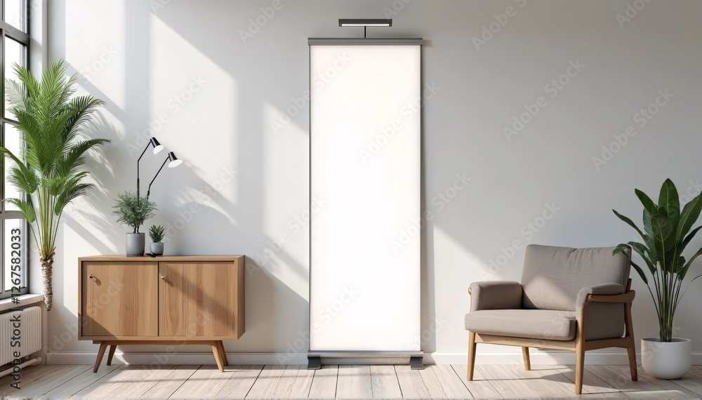 Fototapeta premium A realistic 3D model of a vertical banner for mockup advertisement in a modern setting.