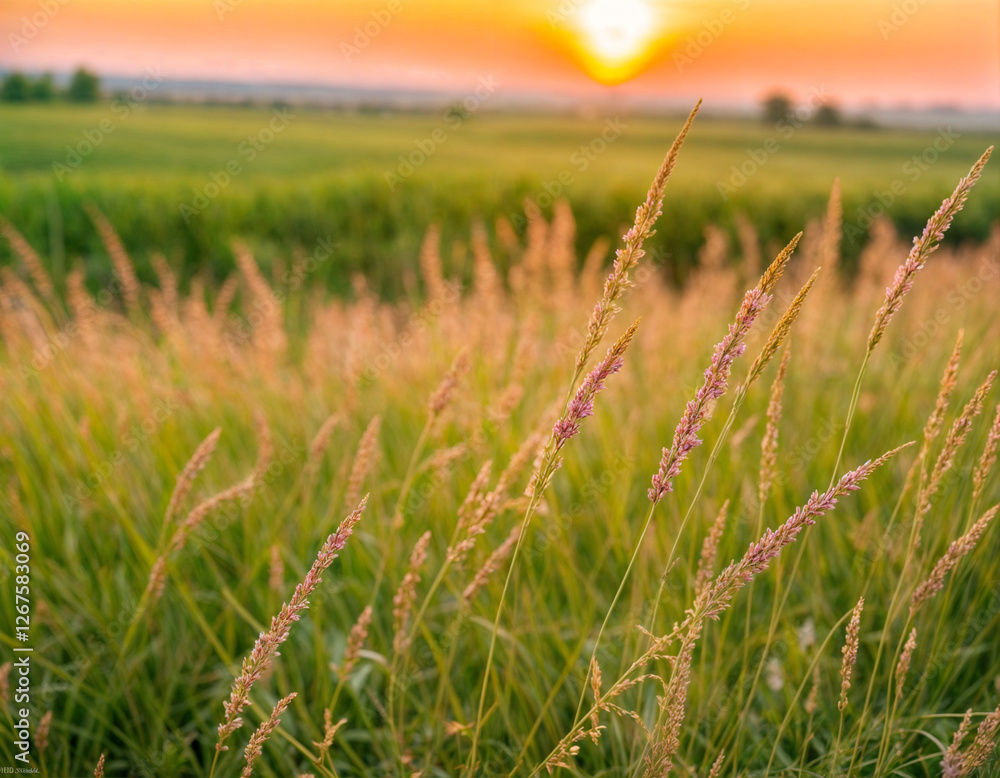 Obraz premium Close up colorful flower grass and sunset background. landscape in the meadow, The idea of World environment day and green. 