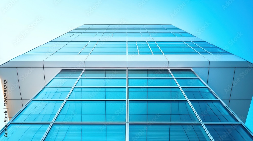 Modern glass skyscraper, city, blue sky, low angle view, business Modern glass skyscraper, city, blue sky, low angle view, business