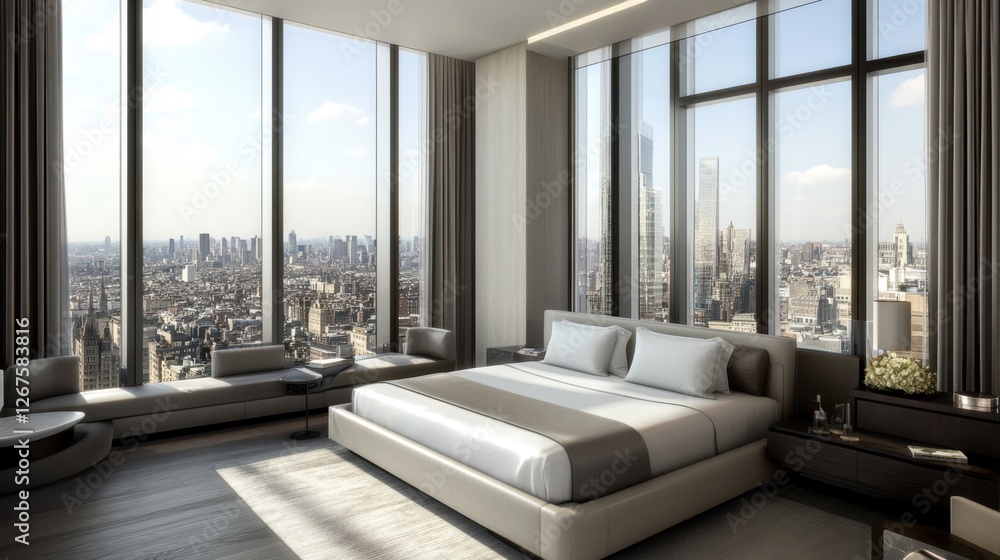 Fototapeta premium A contemporary high-rise hotel room with floor-to-ceiling windows, modern furnishings, and a sleek bed.