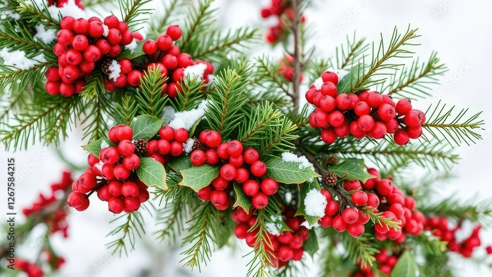 Evergreen branches with holly berries and pinecones against a snowy background, holly, snow, foliage Evergreen branches with holly berries and pinecones against a snowy background, holly, snow, foliage