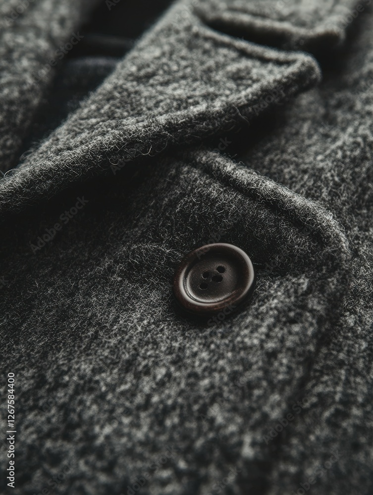 Close-up of a textured gray wool coat with a button detail Close-up of a textured gray wool coat with a button detail