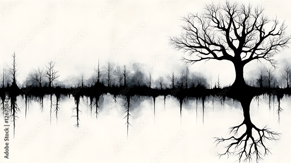 Obraz premium Dark Forest Trees Reflected in Silent Water Serene and Eerie Black and White Art Illustration