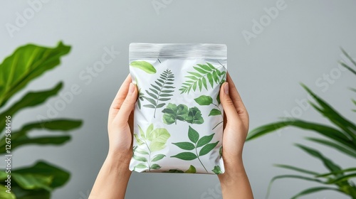 A person holds a beautifully designed eco-friendly packaging with greenery patterns, surrounded by lush houseplants, highlighting sustainability and nature-friendly products in a modern setting.