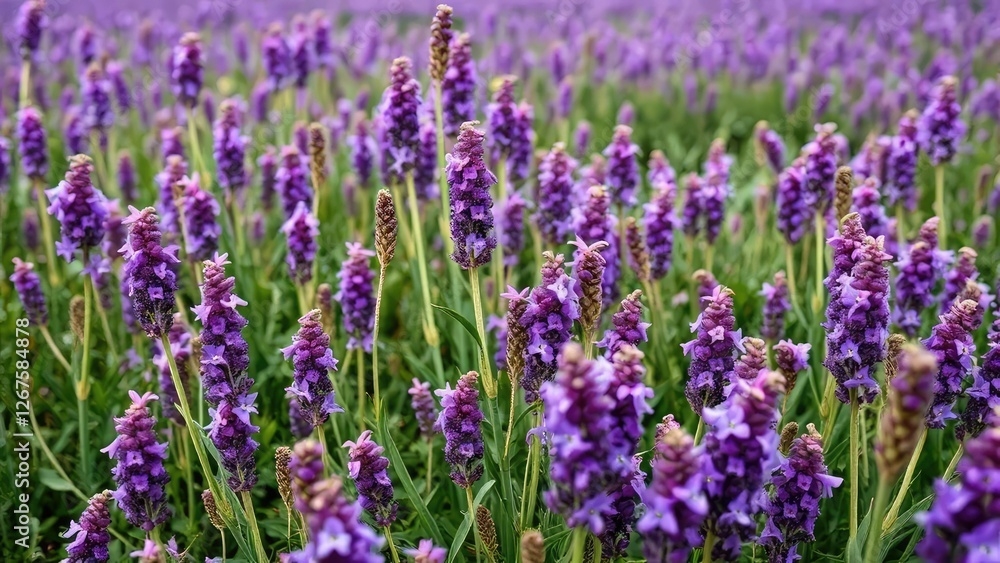 Field of Euphrasia officinalis with purple flowers, field, botany Field of Euphrasia officinalis with purple flowers, field, botany