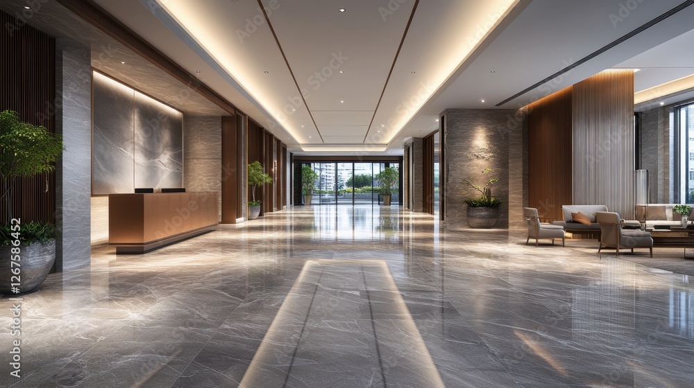 A high-end hotel entrance lobby with polished marble floors, soft lighting, and elegant furniture. A high-end hotel entrance lobby with polished marble floors, soft lighting, and elegant furniture.