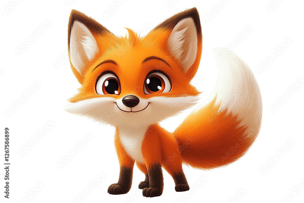 Fototapeta premium Cartoon-style orange fox with white fluffy tail, big eyes, friendly smile, isolated on transparent background