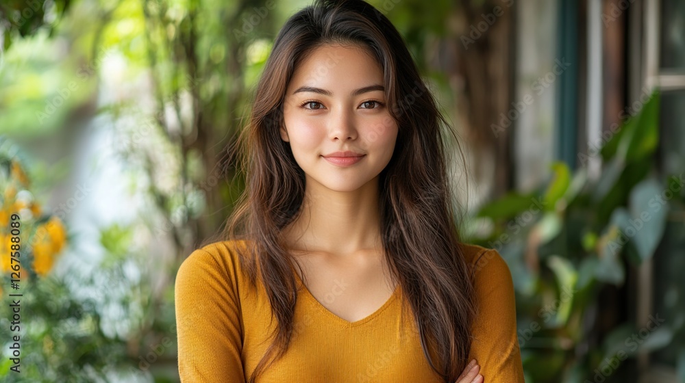 Confident woman portrait, outdoors, foliage background, profile image Confident woman portrait, outdoors, foliage background, profile image