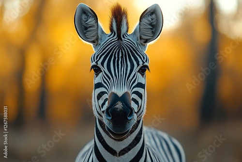 Striking zebra portrait in golden light, animalistic allure and pristine gaze photo