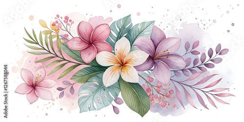 Beautiful watercolor floral arrangement with tropical leaves and blooms