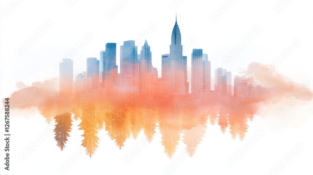 Fototapeta premium City skyline reflection in nature urban landscape digital art sunset glow aerial view serenity