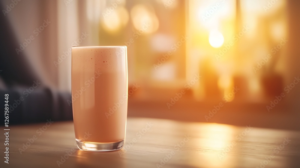 A glass of creamy beverage sits invitingly on a wooden table, illuminated by warm sunlight filtering through a window. A glass of creamy beverage sits invitingly on a wooden table, illuminated by warm sunlight filtering through a window.