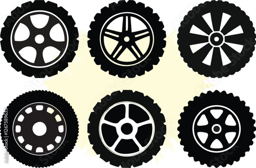 Car rims and wheels. Automobile rims silhouette, round vehicle wheel, industry pictogram. Cargo auto transport tires. Motor service and maintenance workshop poster and banner on media and web. EPS 10.