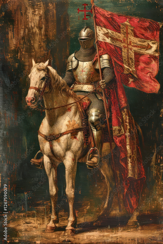 Templar knight on horseback holding a cross in medieval setting Templar knight on horseback holding a cross in medieval setting