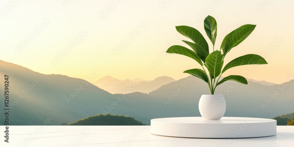 Indoor plant display on minimalist table mountain view tranquil environment wide angle nature aesthetics Indoor plant display on minimalist table mountain view tranquil environment wide angle nature aesthetics